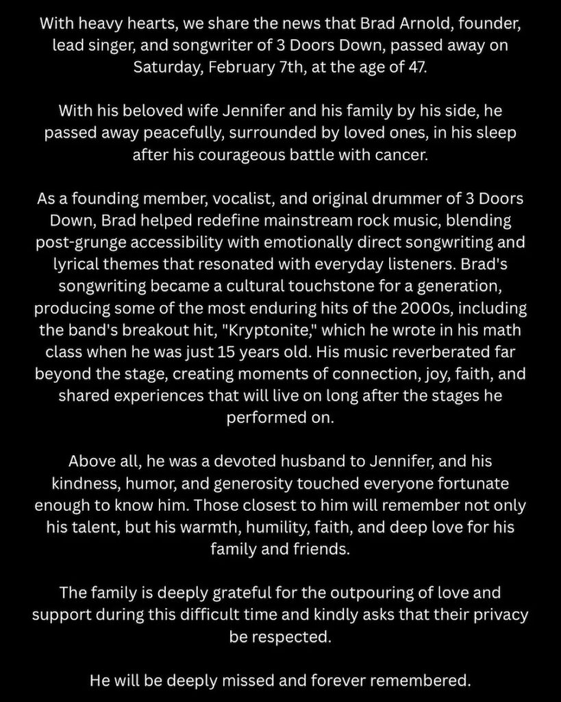 Murió Brad Arnold, voz y fundador de la banda 3 Doors Down, tras luchar contra el cáncer renal - Noticias de hoy en República Dominicana | De Último Minuto